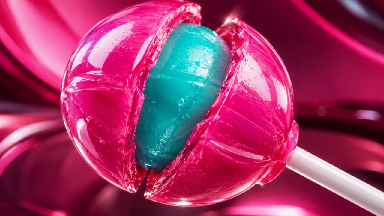 The pink candy splitting along a clean centre seam, turquoise interior showing through the gap.