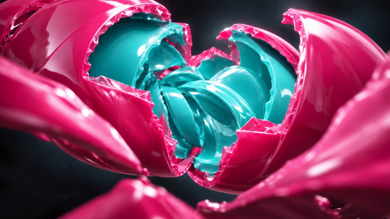 Pink shell fragments breaking outward past the camera, exposing the turquoise core at the centre.