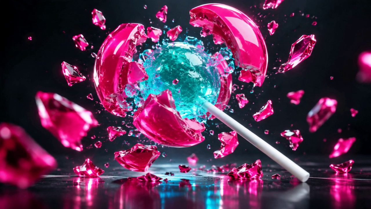 The candy fully burst: pink shards suspended at several depths around the exposed turquoise centre and white stick.